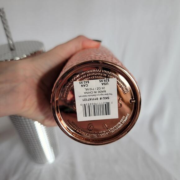 Starbucks Chrome Rose Gold Jeweled Metallic Silver Grid 2023 Holiday 24oz Venti - Picture 6 of 11